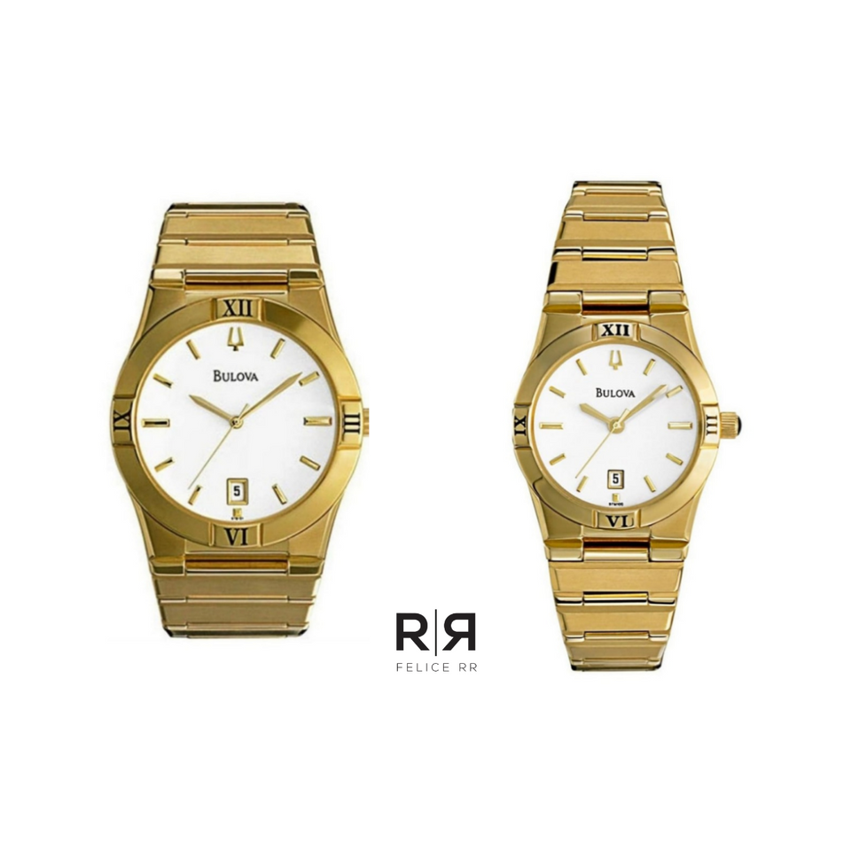 Pareja de relojes Bulova Gold Tone Dama y Caballero 97B101. NUEVOS.